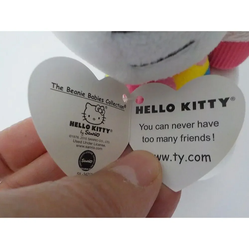 2011 Ty Beanie Babies Sanrio White Rainbow Stripe Hello Kitty w/ Muffin Plush 6